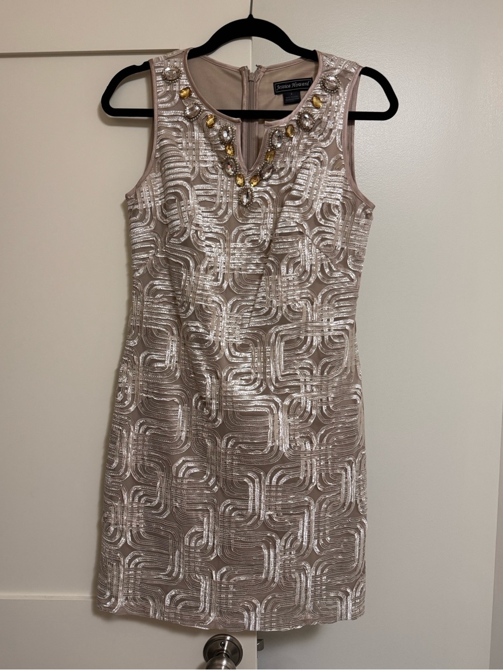 Tahari ASL Beige Embellished Mini Dress with Gold Accents - Picture 1 of 2